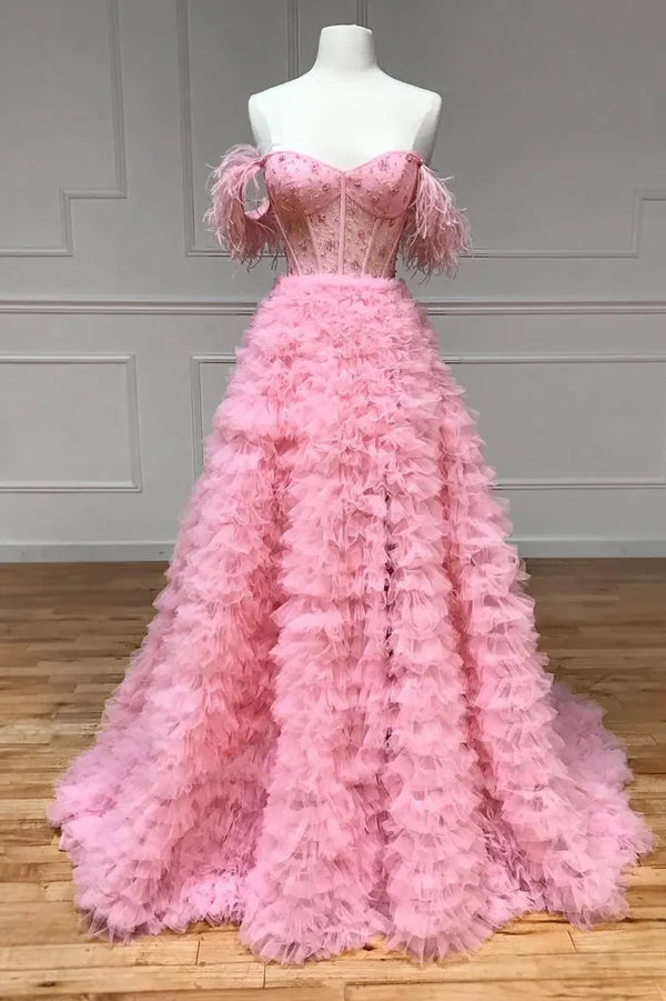 Wholesale Pink Tulle Long A-Line Prom Dress Pink Sweetheart Neckline Evening Gown